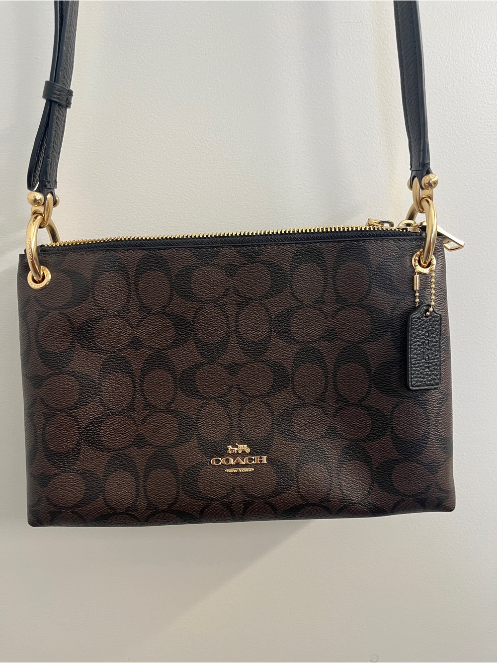 Leather Coach Bag, Brown and Black Signature Crossbody with Gold Hardware